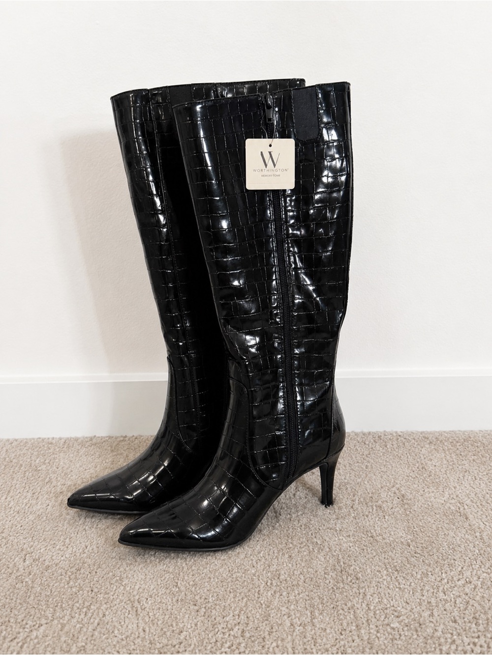 Worthington Black Croc-Embossed Knee Boots